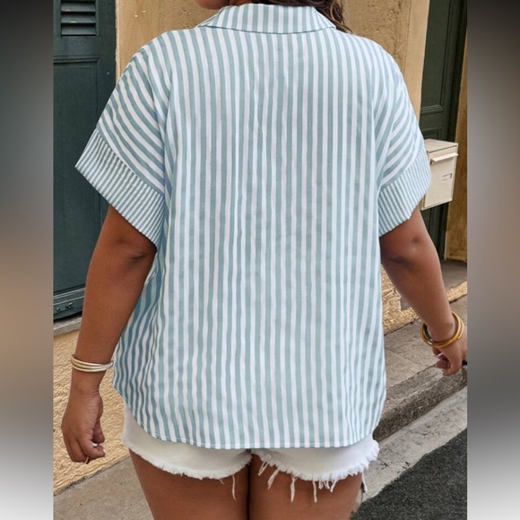 Classic Elegant Plus Size Stripe Short Sleeve Button Down Shirt Blouse Top - Picture 2 of 8